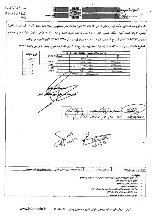 ابلاغ میزان معافیت سالانه و نرخ مالیات بر درآمد حقوق سال ۱۳۹۸ طی بخشنامه ۲۰۰/۹۸/۴ مورخ ۹۸/۱/۲۴